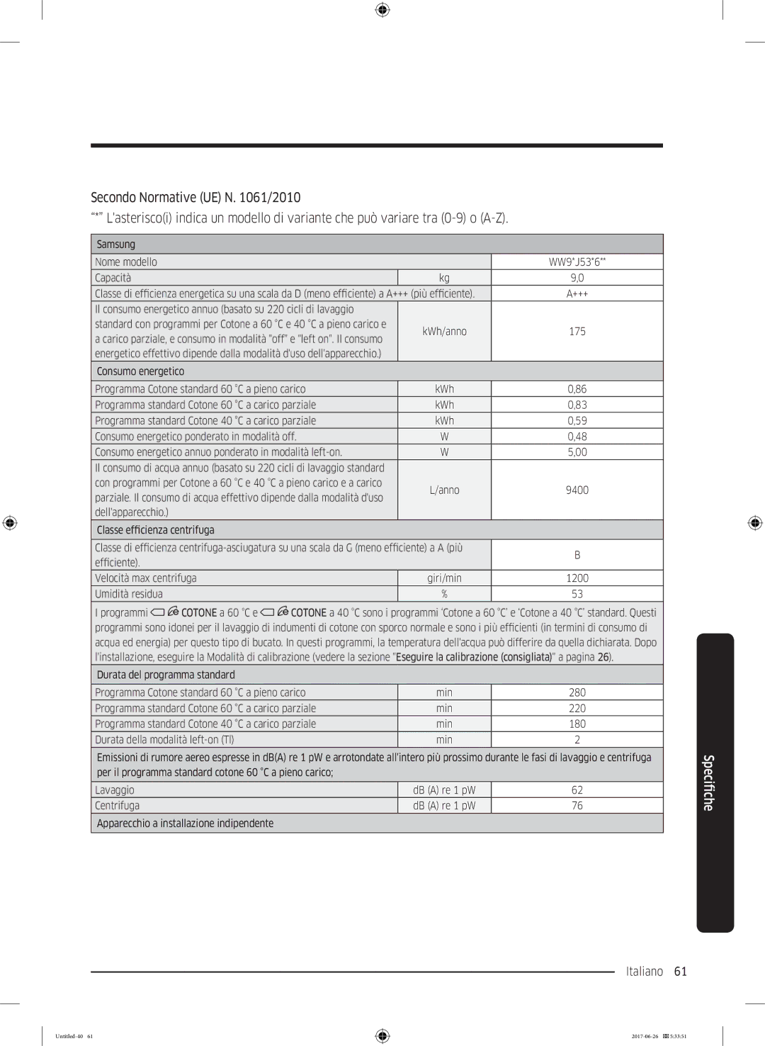 Samsung WW91J5446EW/ET, WW82J5246FW/ET, WW81J5446EW/ET, WW90J5356MW/ET, WW90J5426FW/ET, WW90J5246DW/ET manual Italiano 61  